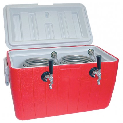 48 qt. picnic cooler with two 50' stainless steel coils, 2 faucets, shanks, couplings, NPL fittings 