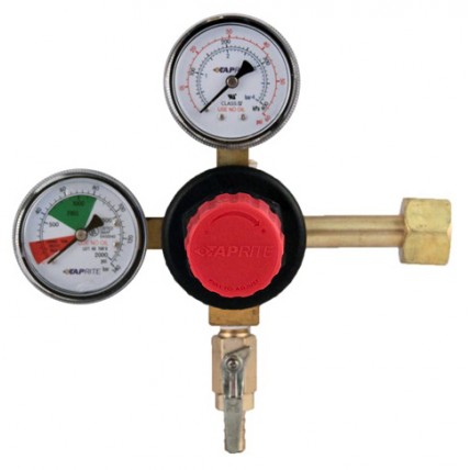Primary beer regulator, 1P1P, high performance, CGA320 inlet, 5/16" barb shut‐off outlet w/check, 60 lb and 2000 lb gauges