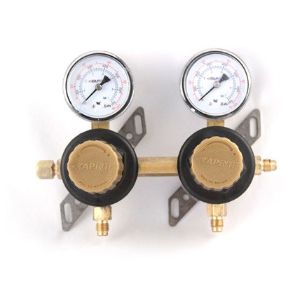Secondary soda regulator, 2P2P, 1/4" flare In/thru, 1/4" flare outlet w/check, 100 lb gauges