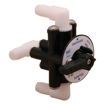 Sanitizing valve, 3-way for brix pump, 3/8" barb elbow fittings